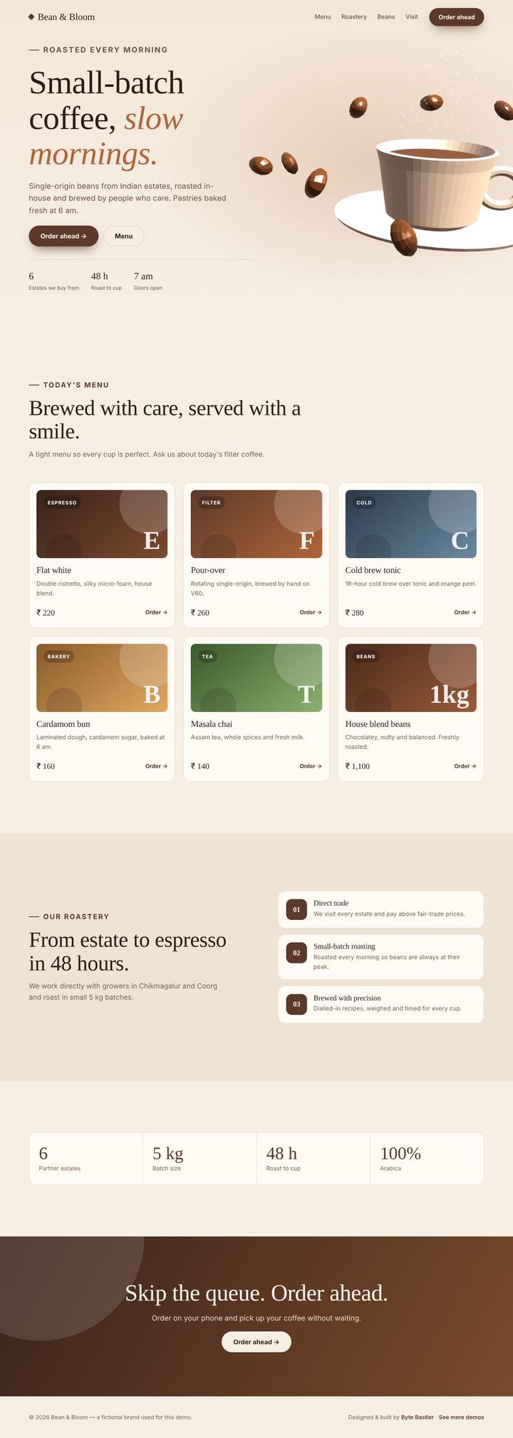 Full-page preview of the Bean & Bloom demo website