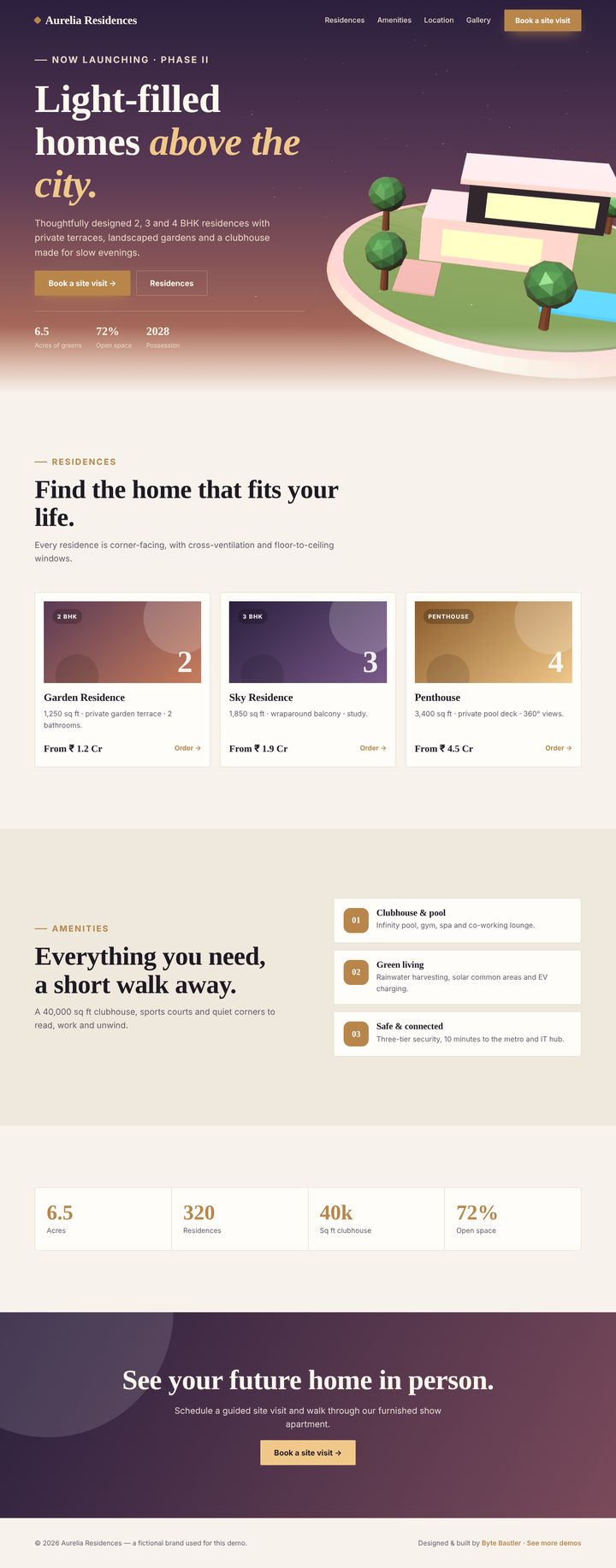 Full-page preview of the Aurelia Residences demo website